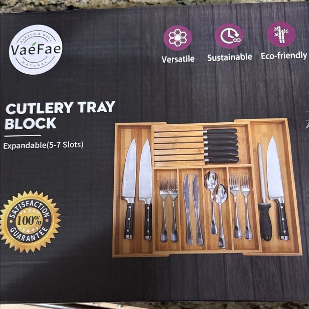 VaeFae Expandable Bamboo Cutlery Tray and Knife Block Organizer